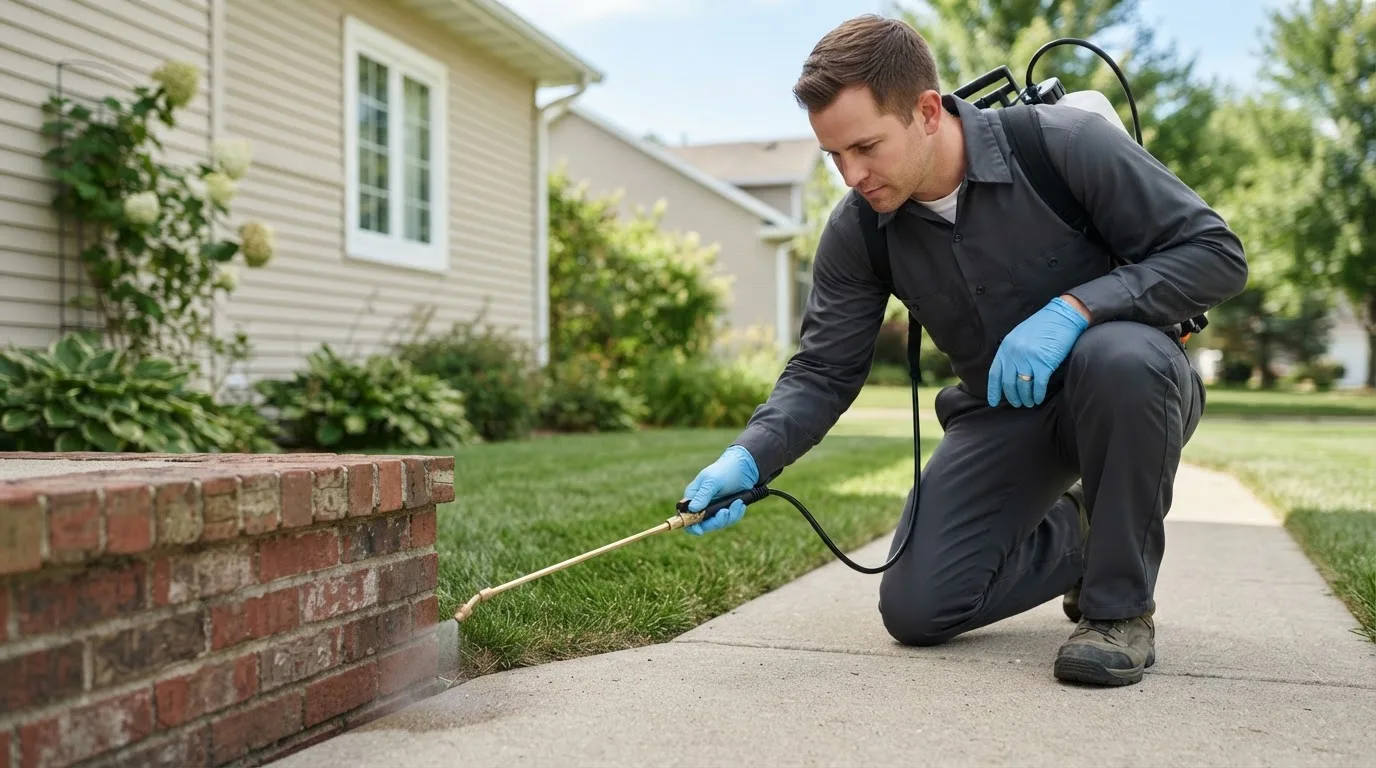 Pest control technician treating a home near Herriman, UT